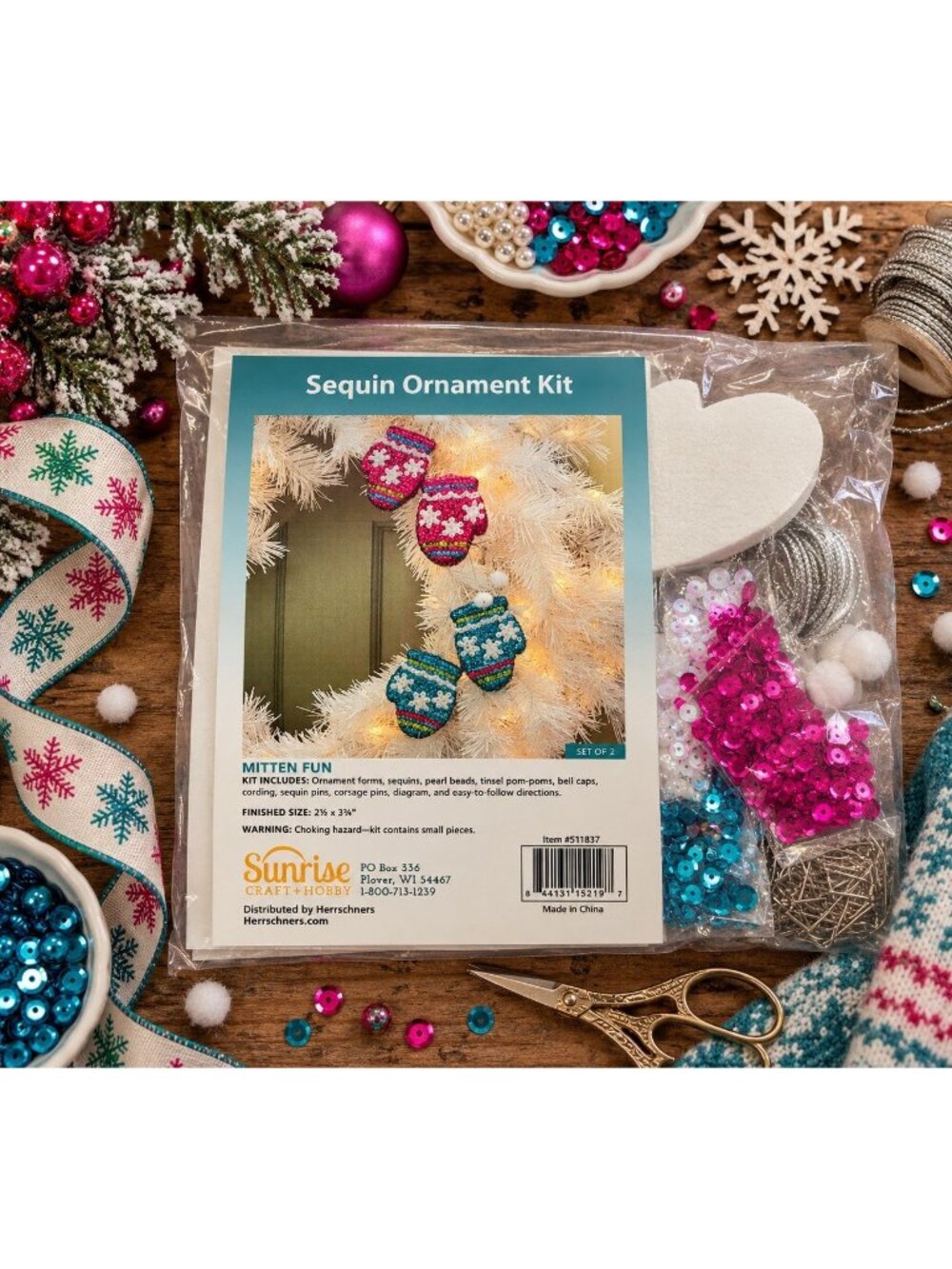 Vintage Sunrise Sequin Push Pin Ornament Christmas Craft Kit Mitten Fun Red Blue